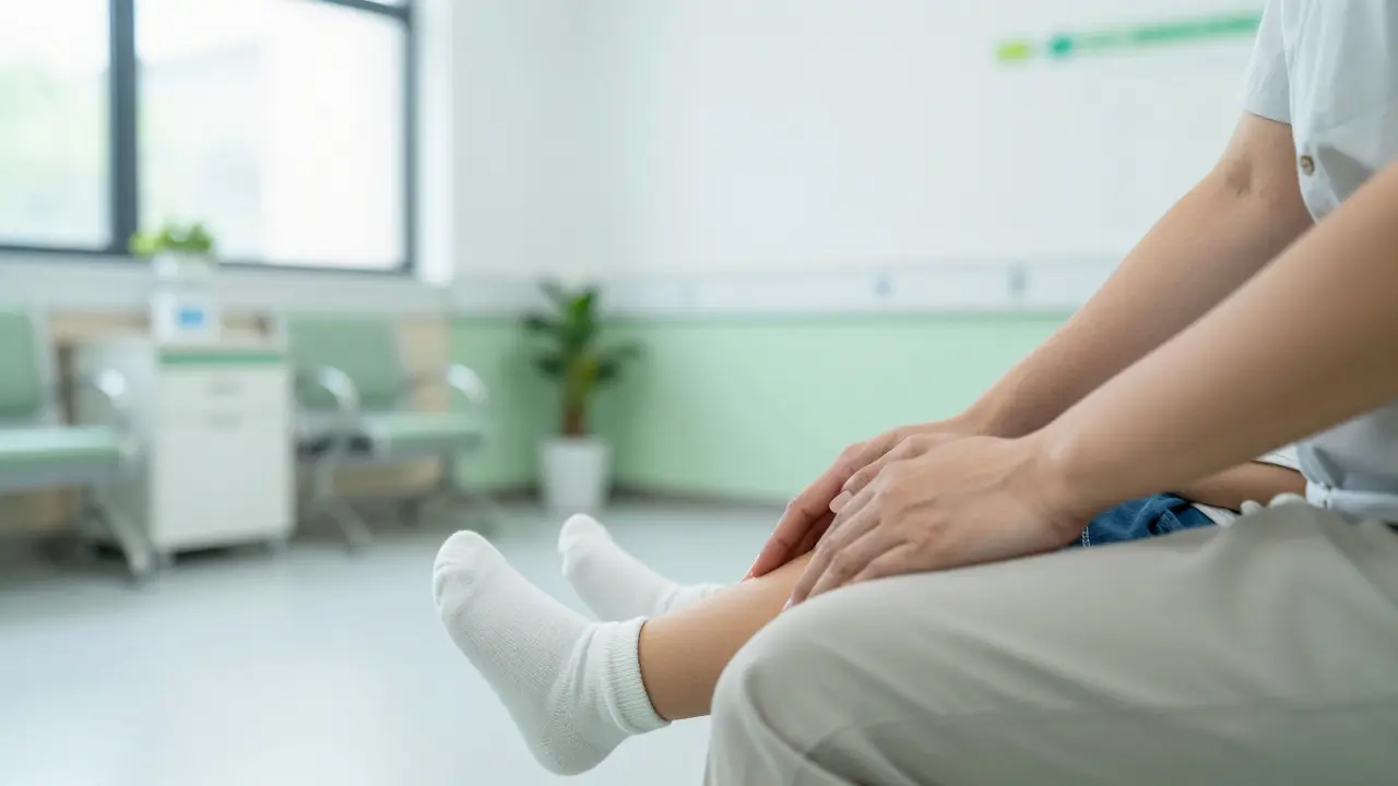 Ruka rodiče uklidňuje dítě ve vstupní hale lékařské ordinace.