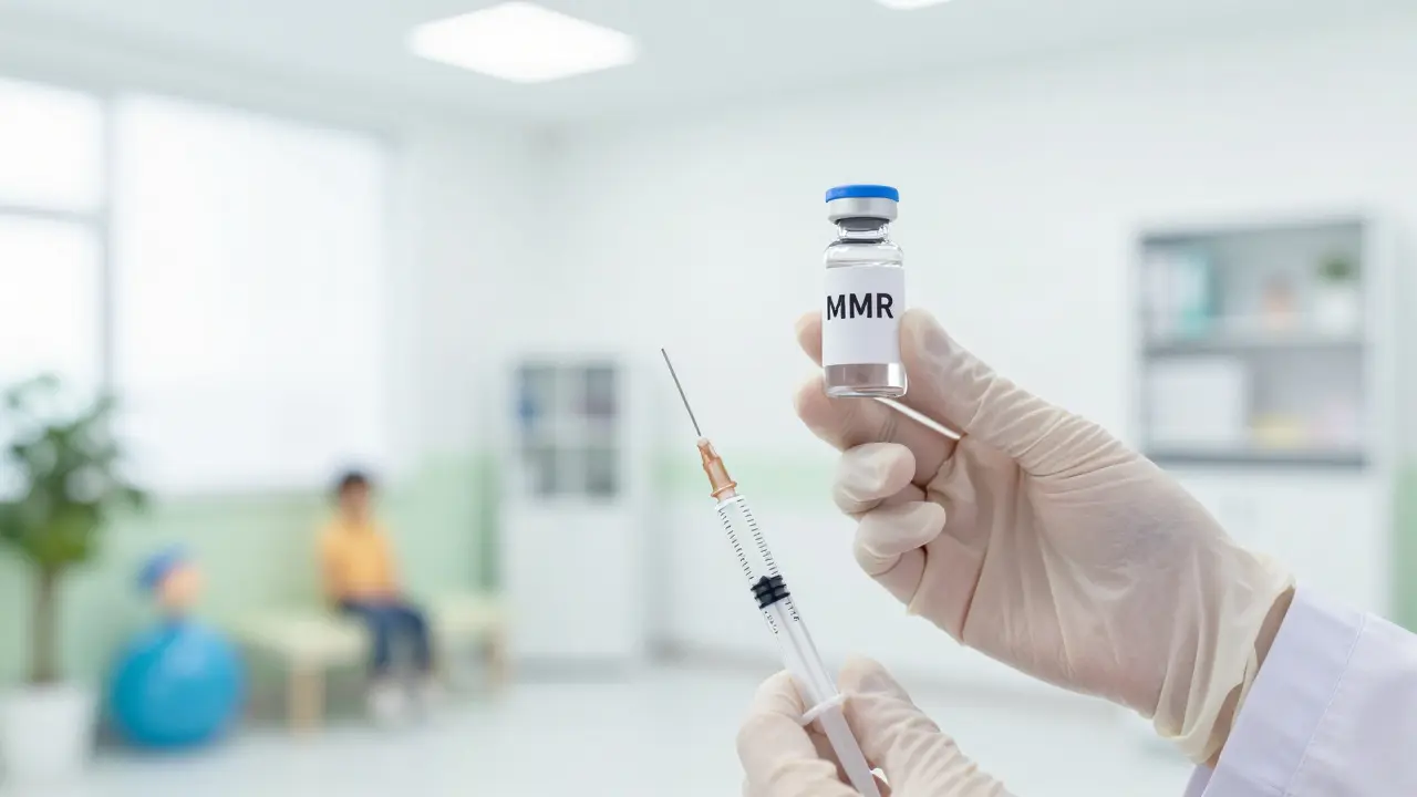 Rukavice zdravotníka držící vakcínu v moderní ordinaci jako symbol prevence MMR.