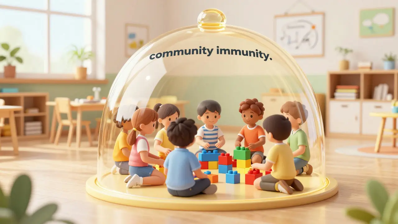 Skupina dětí v mateřské škole chráněná symbolickým zlatým štítem imunity.