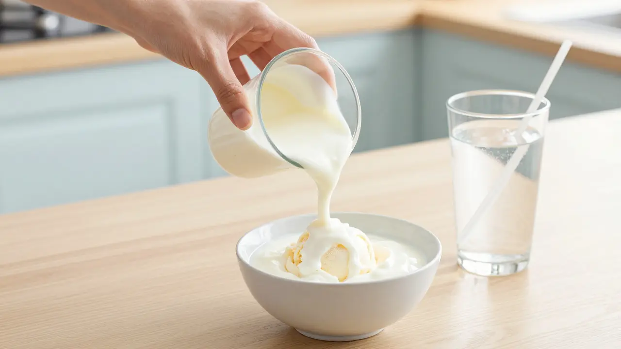 Studený jogurt a voda v misce jako zmírňující jídlo při nemoci.