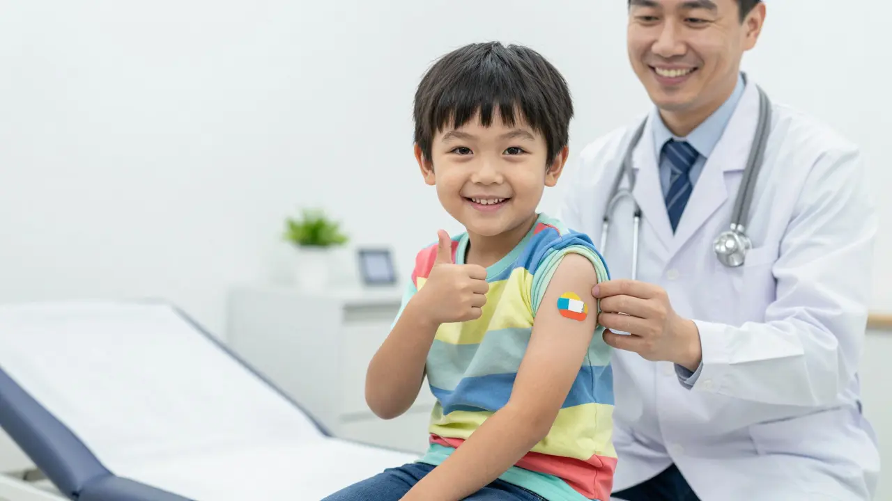 Usměvavé pětileté dítě s náplastí na ruce po druhé dávce vakcíny MMR.