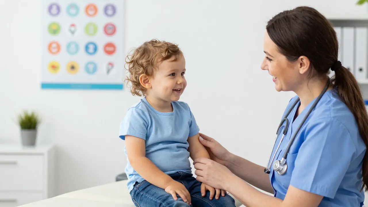 Usměvavý pediatrista v moderní ordinaci s malým dítětem při prohlídce.