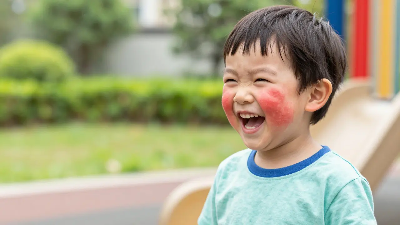 Usmívající se dítě s typickými červenými plamami na tvářích na hřišti.