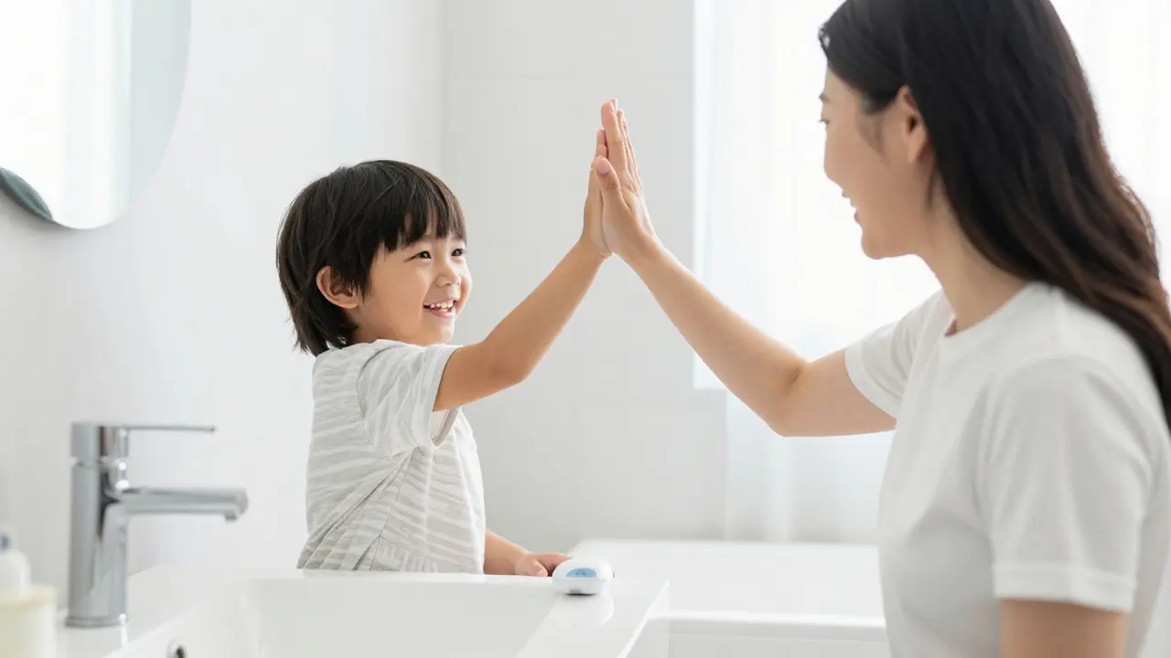  veselý rodič a dítě si dávají high-five v koupelně jako symbol úspěchu.