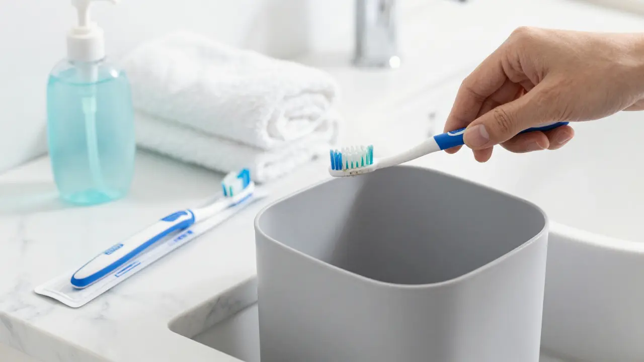 Výměna starého zubního kartáčku za nový jako součást hygienické prevence.