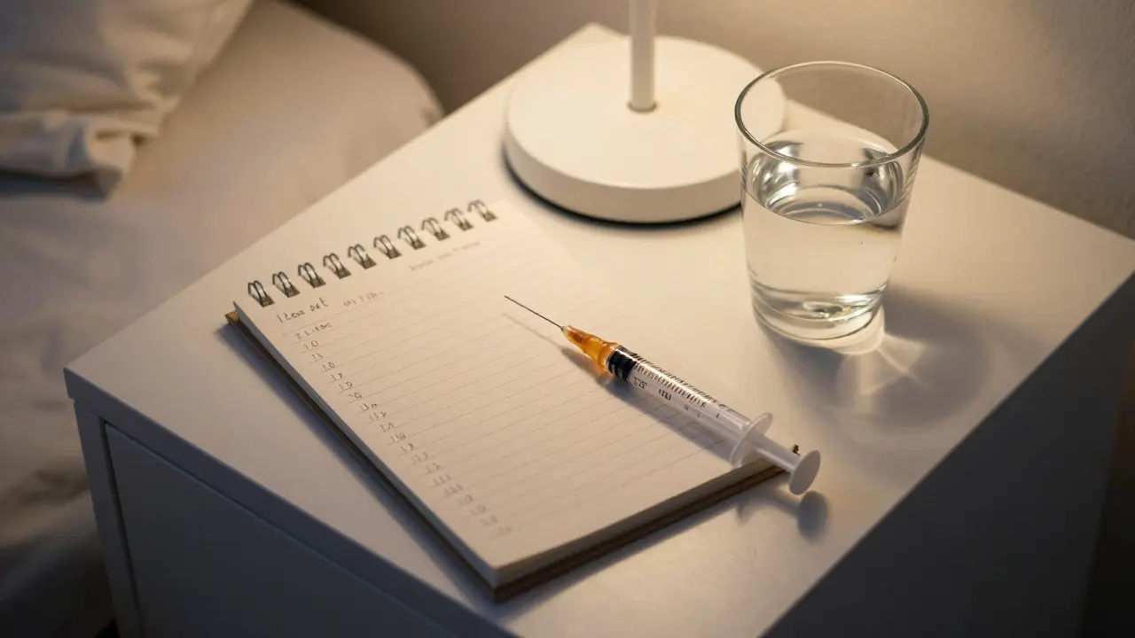 Zápisník s časem podání léků, dávkovací stříkačka a sklenice vody na nočním stolku.