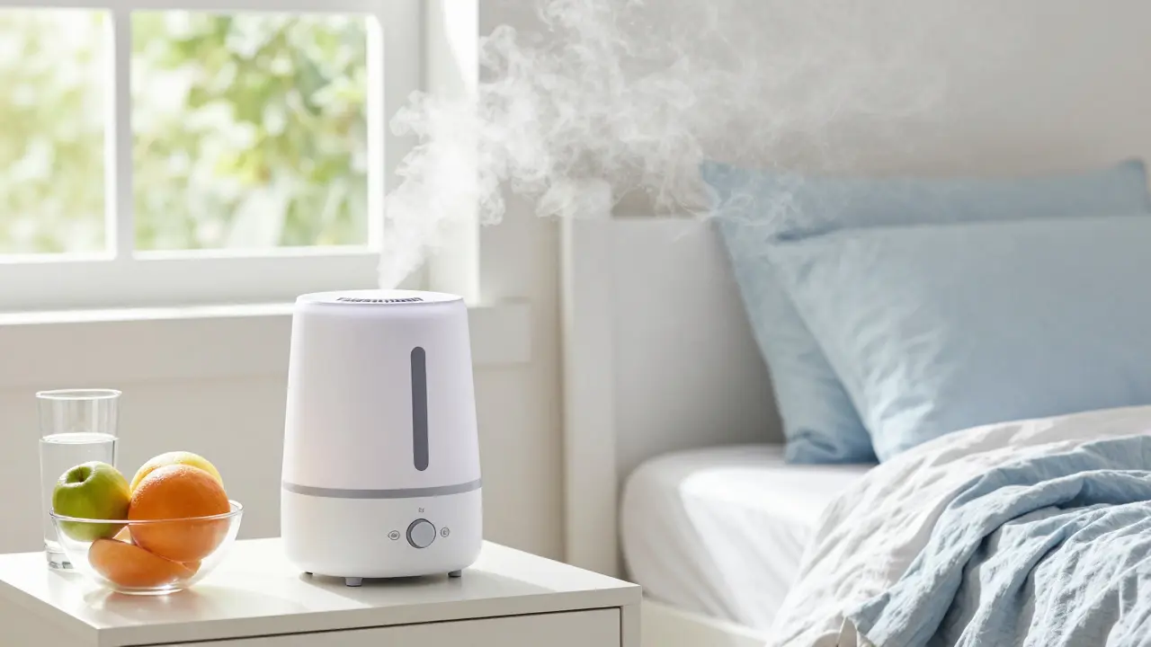 Zvlhčovač vzduchu a sklenice vody v dětském pokoji pro podporu hojení.