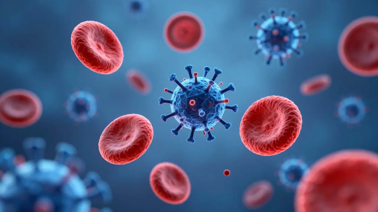 Abstraktní vizualizace viru Parvovirus B19 a červených krvinek