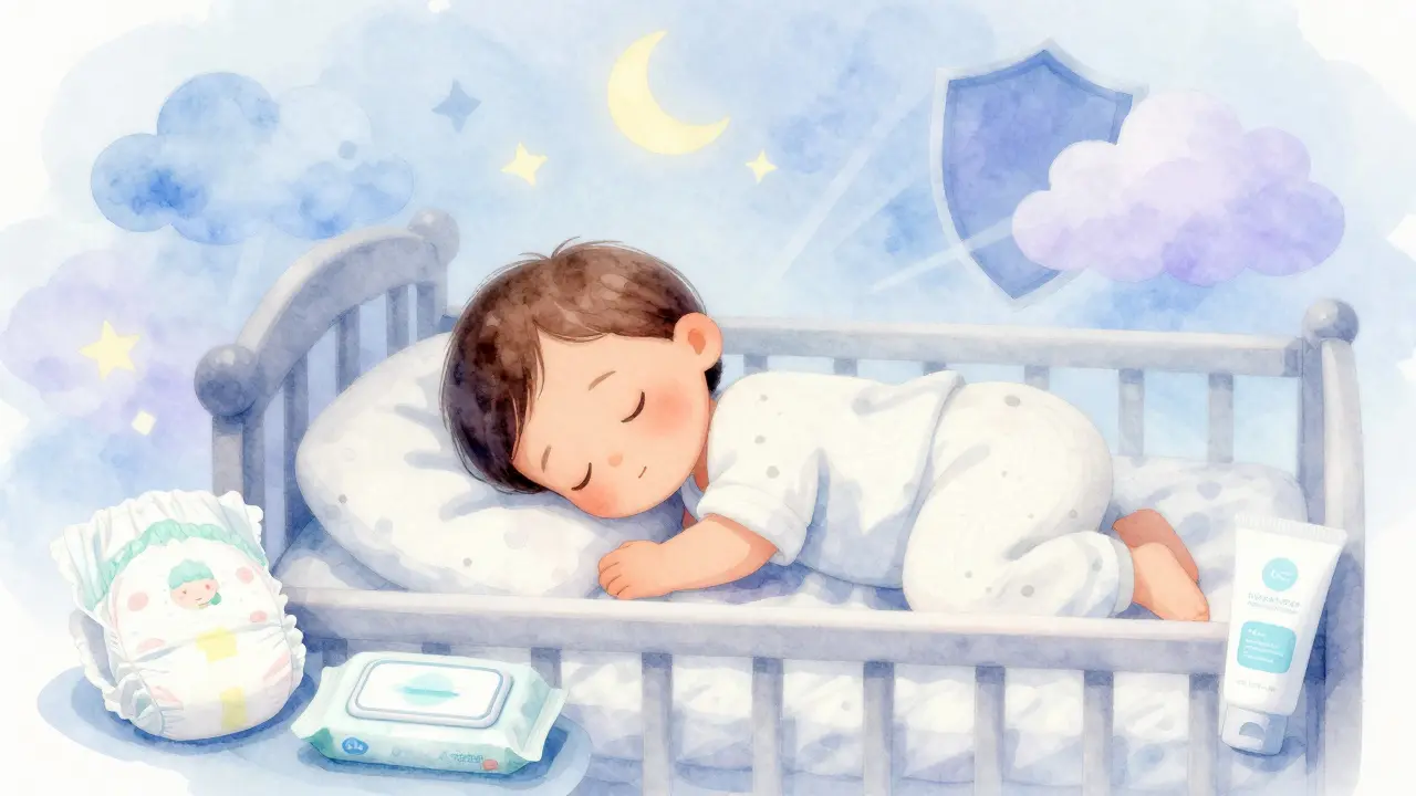 Ilustrace klidně spícího dítěte s symboly sucha a pohodlí v postýlce.