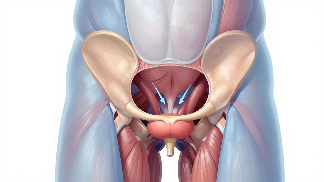 Anatomická ilustrace pánevního dna a močového měchýře