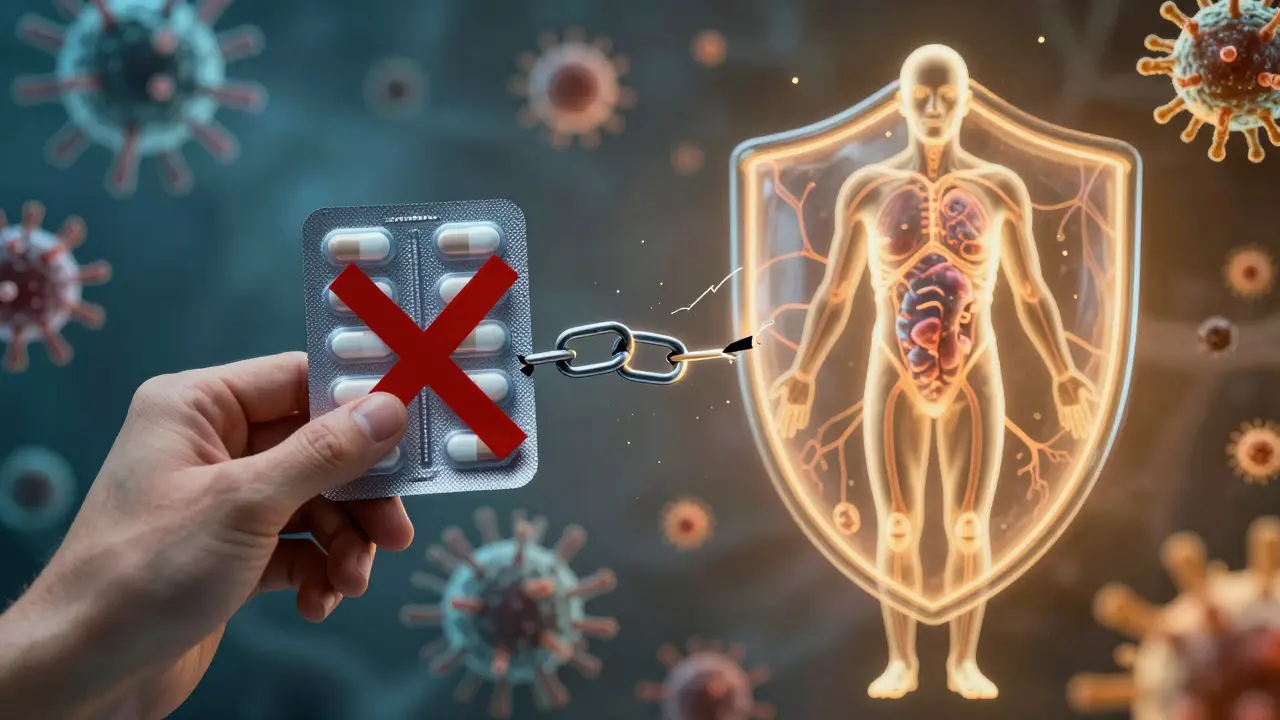 Konceptuální umění ukazující riziko přerušení léčby antibiotiky