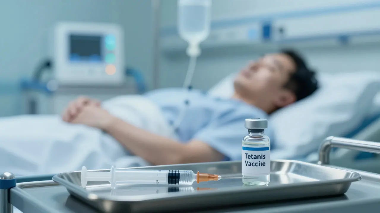 Lékařská péče s vakcínou a dýchacím přístrojem pro léčbu tetanu