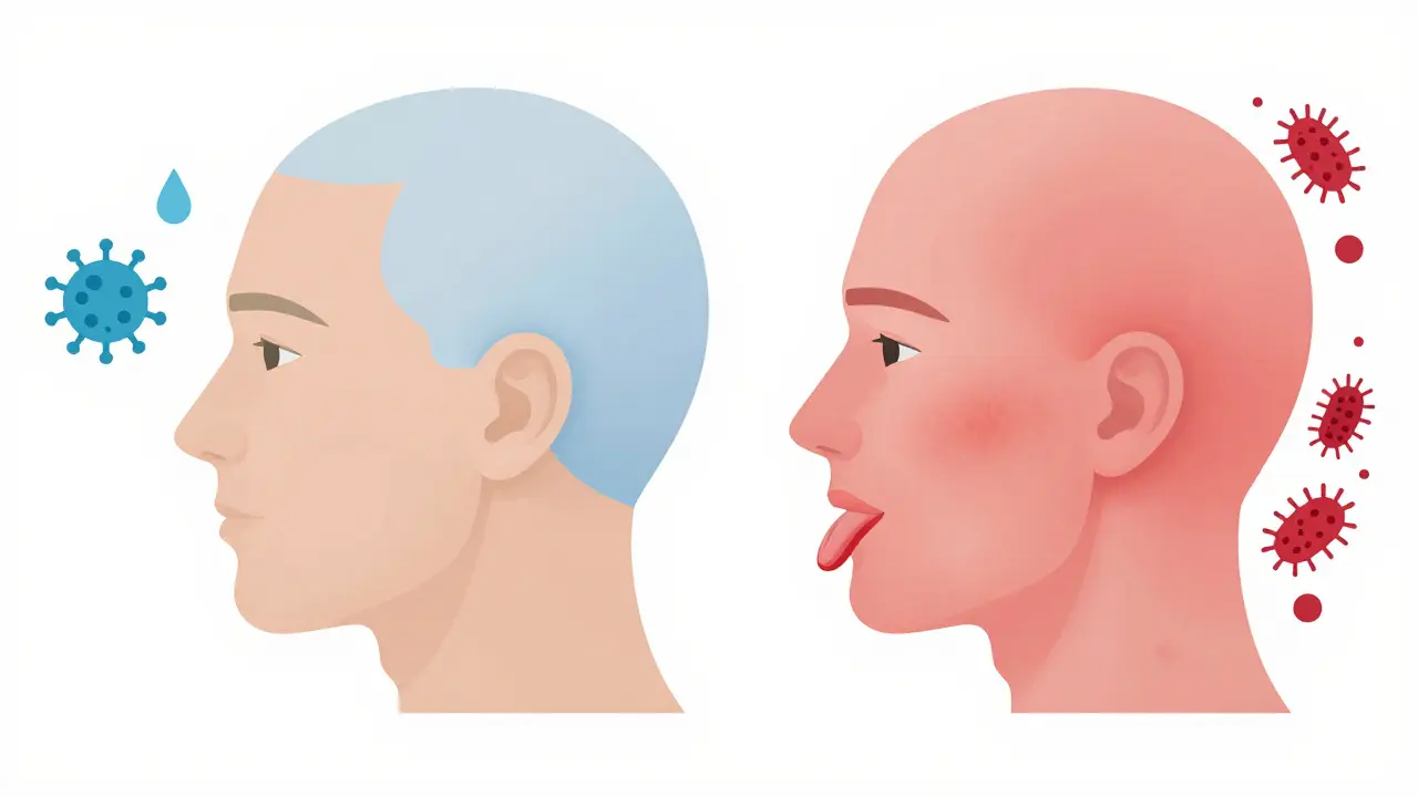 Porovnání příznaků parotitidy a spálence na ilustraci