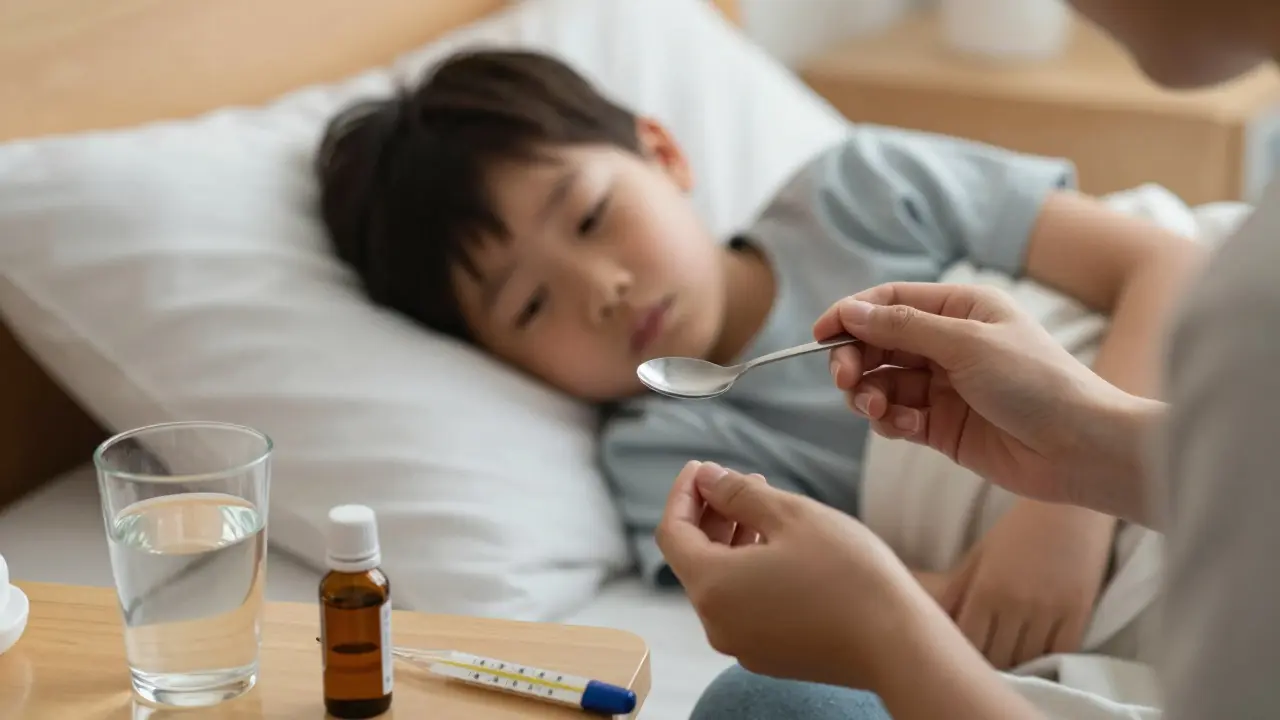 Rodič podává antibiotika nemocnému dítěti v posteli pro léčbu spály