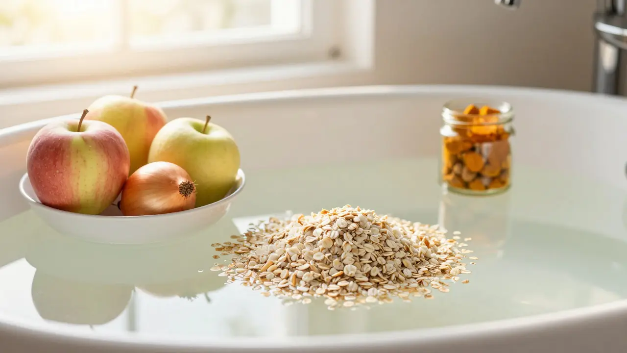 Vana s ovsem a přírodní ingredience jako jablka a kurkuma