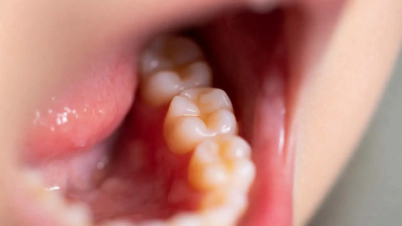 Close-up of Koplik spots inside the mouth, an early sign of measles