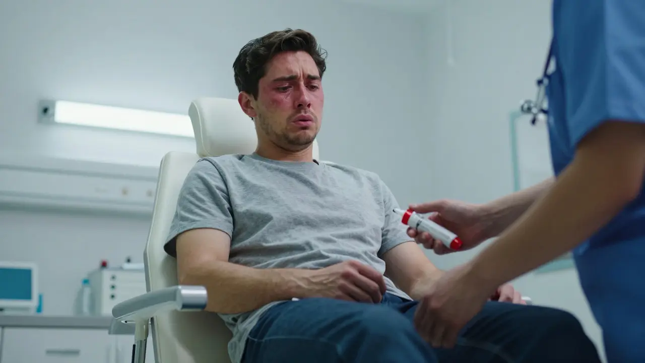 Doctor administering epinephrine to patient with facial swelling