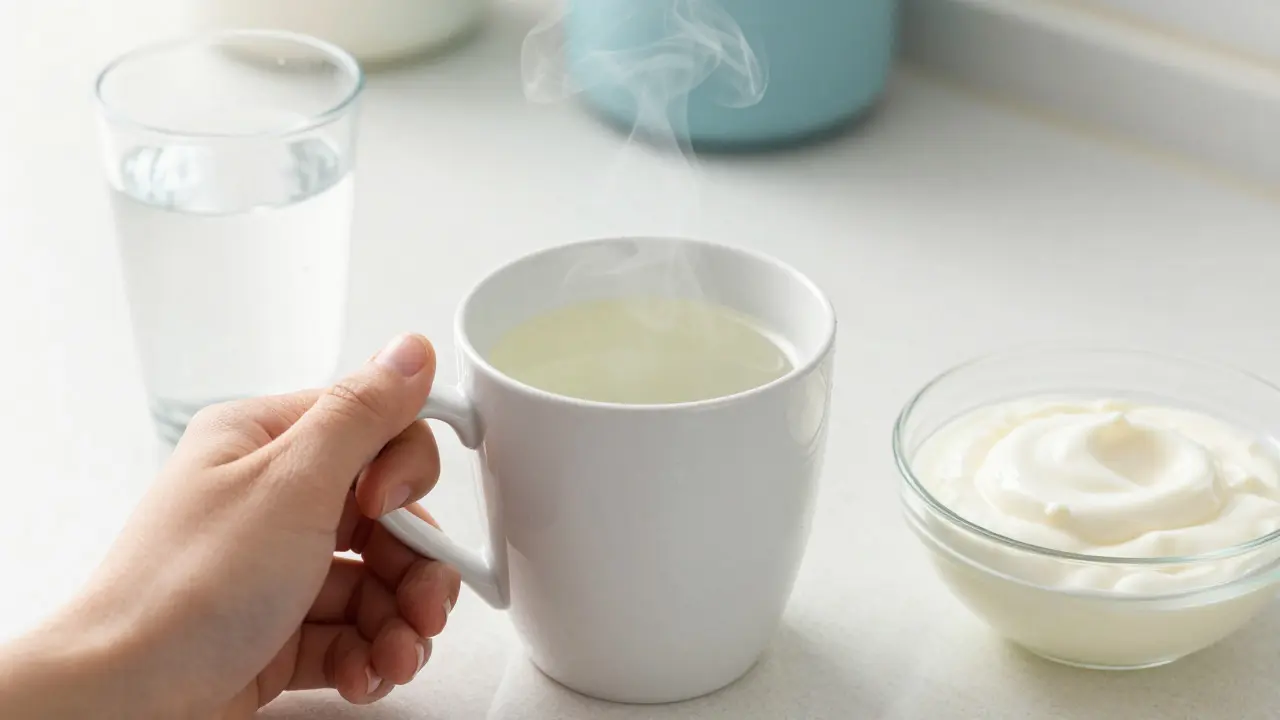 Domácí péče při spále: solná voda na kloktání, jogurt a voda