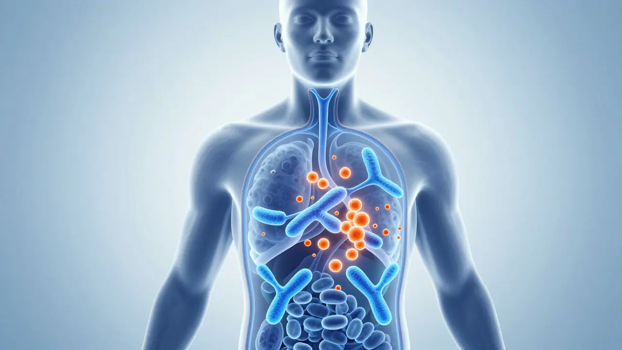 Illustration of antibodies attacking drug molecules in blood