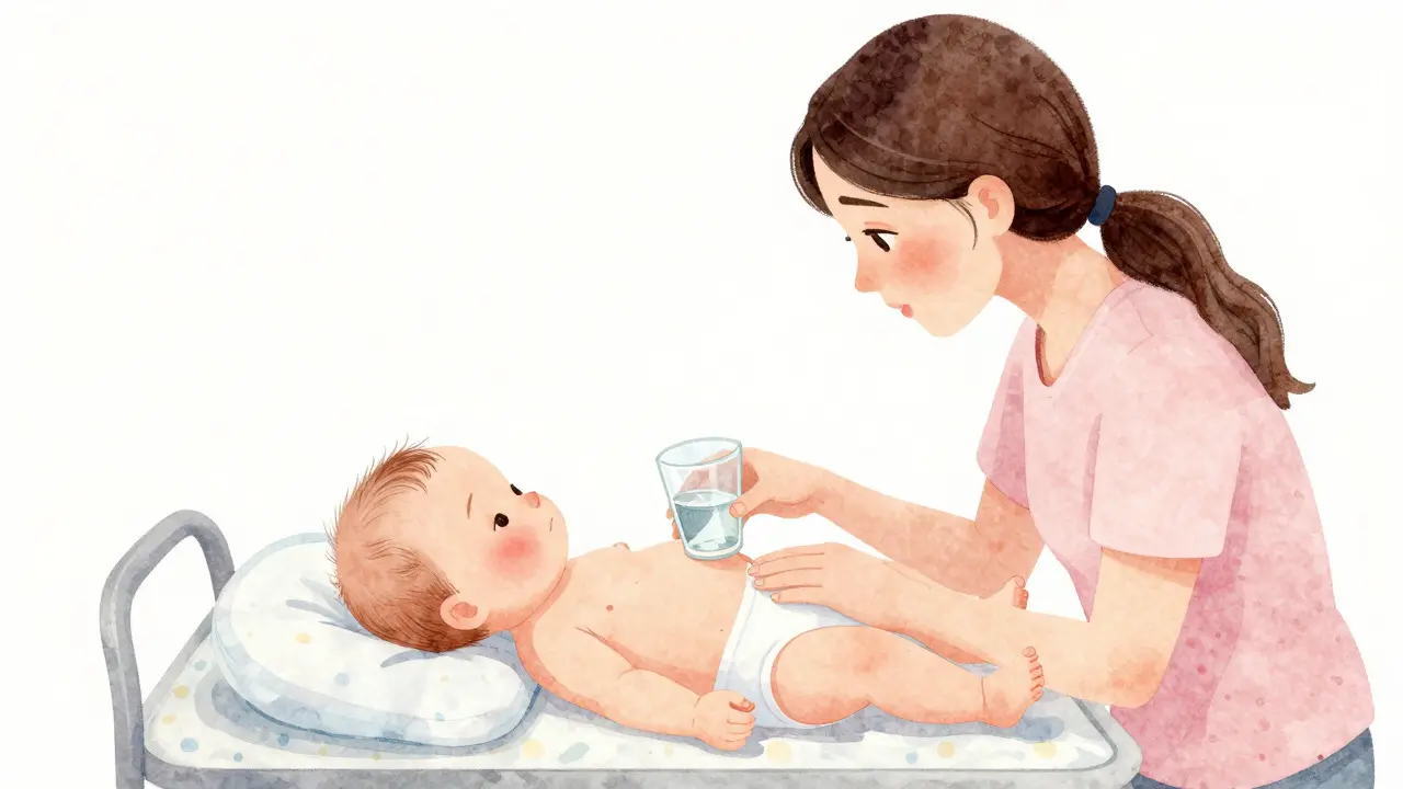 Ilustrace matky kontrolující vyrážku na miminku pomocí sklenice