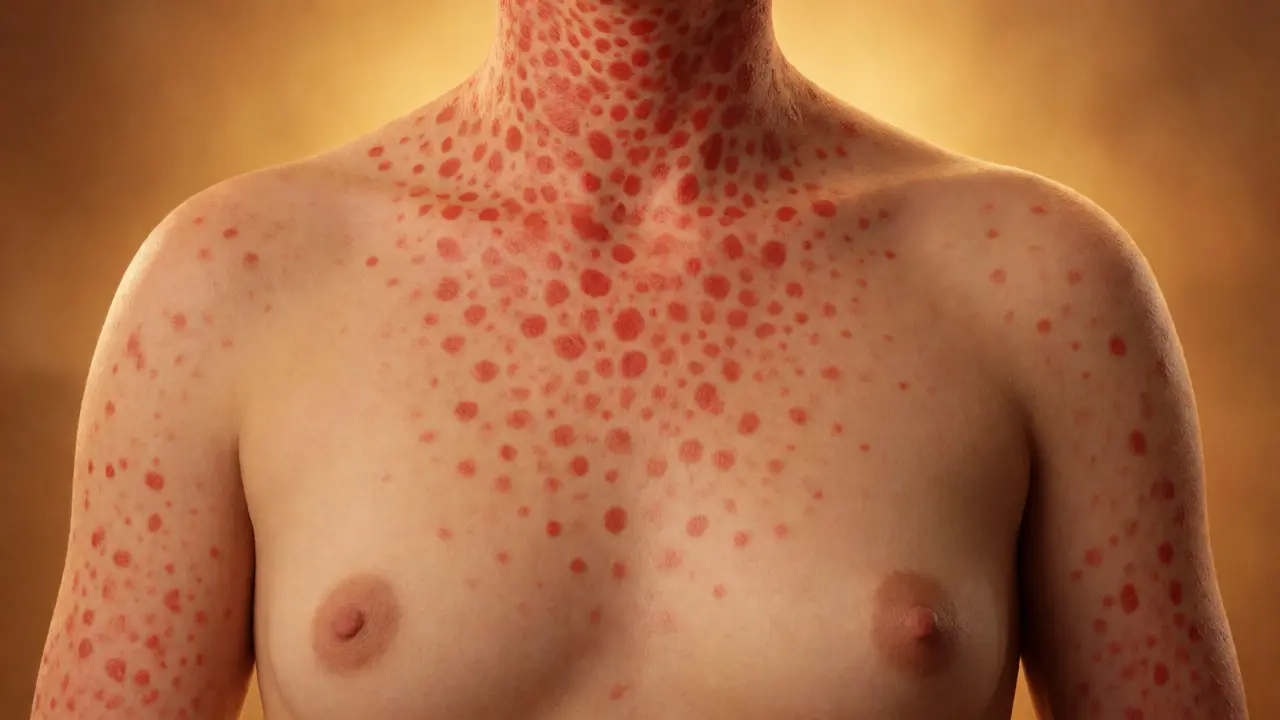 Red measles rash spreading from the neck down to the torso