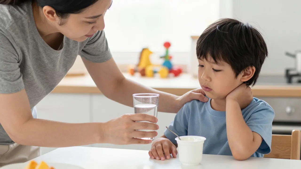 Rodič podává nemocnému dítěti studenou tekutinu a jogurt pro hydrataci
