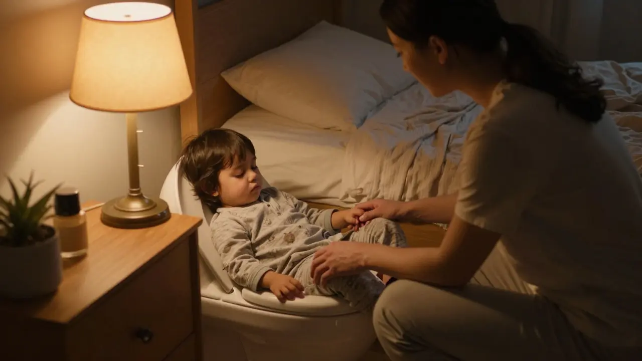 Rodič vede ospalé dítě z postele k nočnímu záchodu za tmy