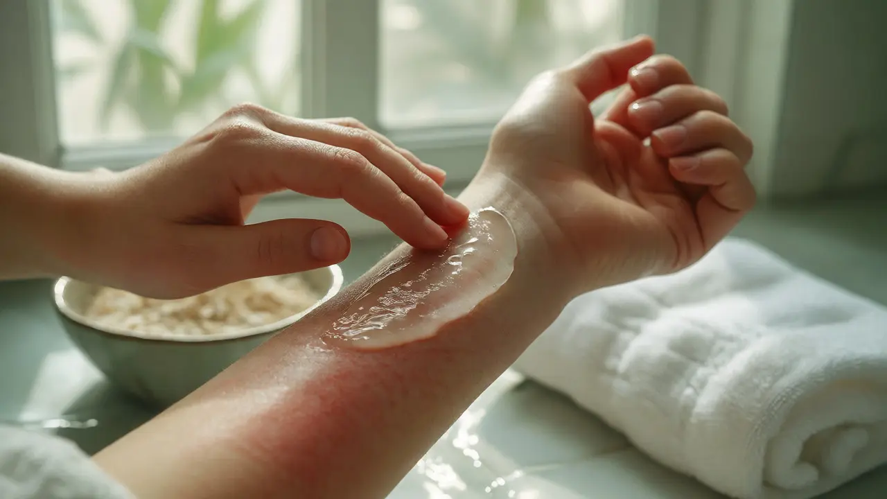 Aplikace chladivého gelu z aloe vera na podrážděnou kůži