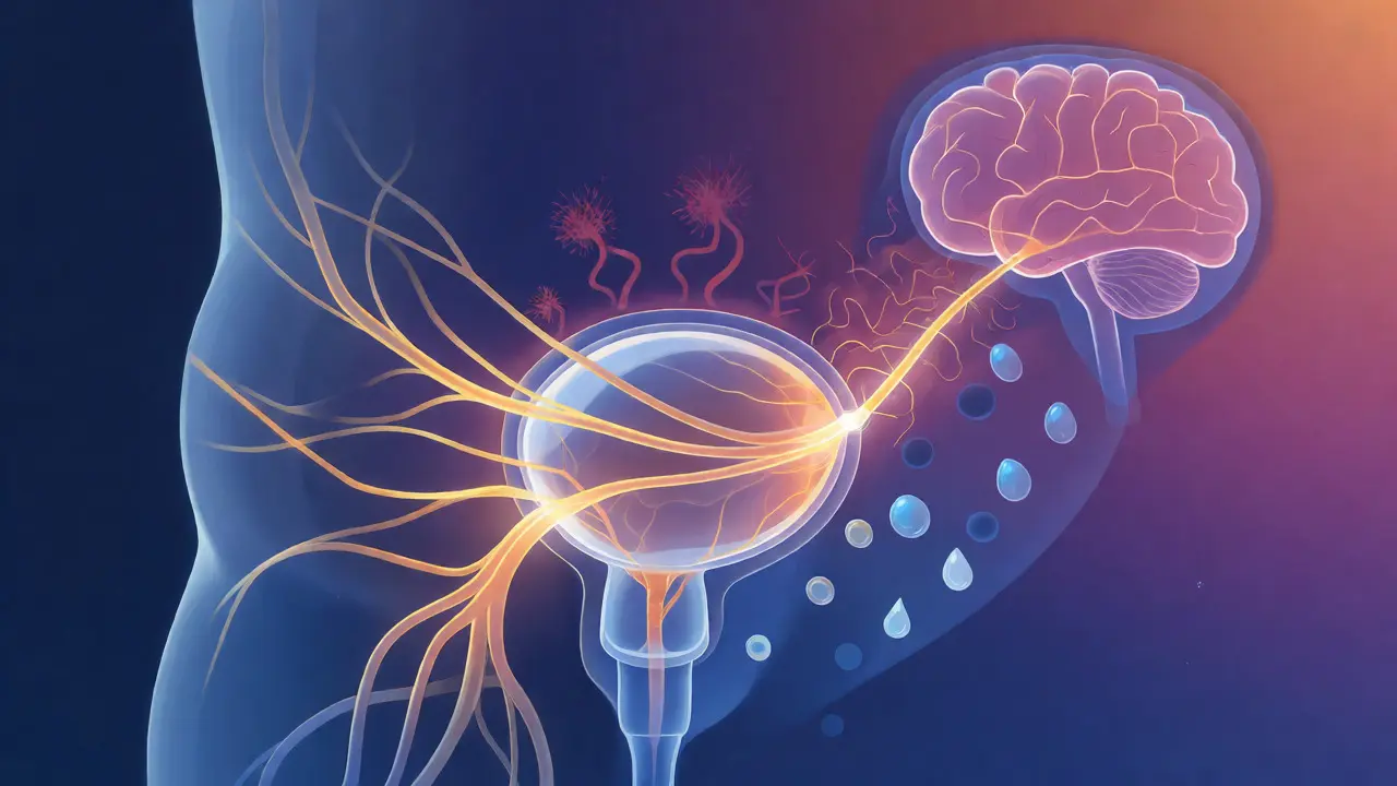 Artistic visualization of nerve connections between the bladder and brain developing.