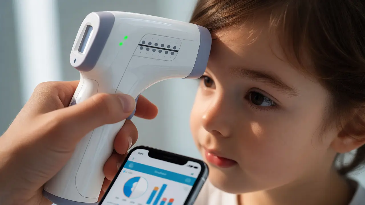 Bezkontaktní Bluetooth teploměr u čela dítěte