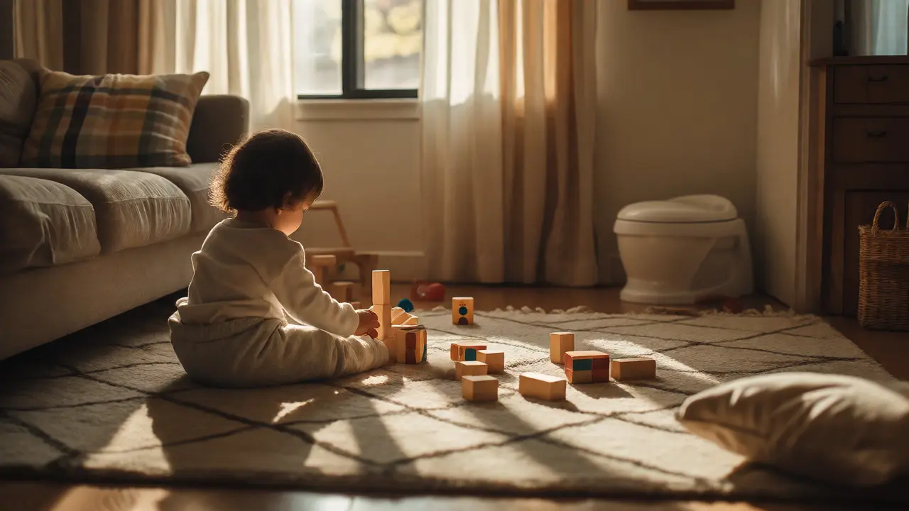 Child playing in a living room with a potty chair placed conveniently nearby.