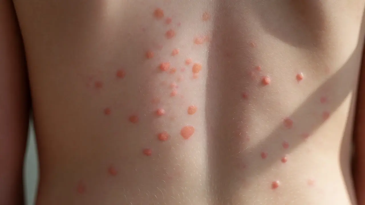 Detail růžové vyrážky na bříšku a zádech dítěte