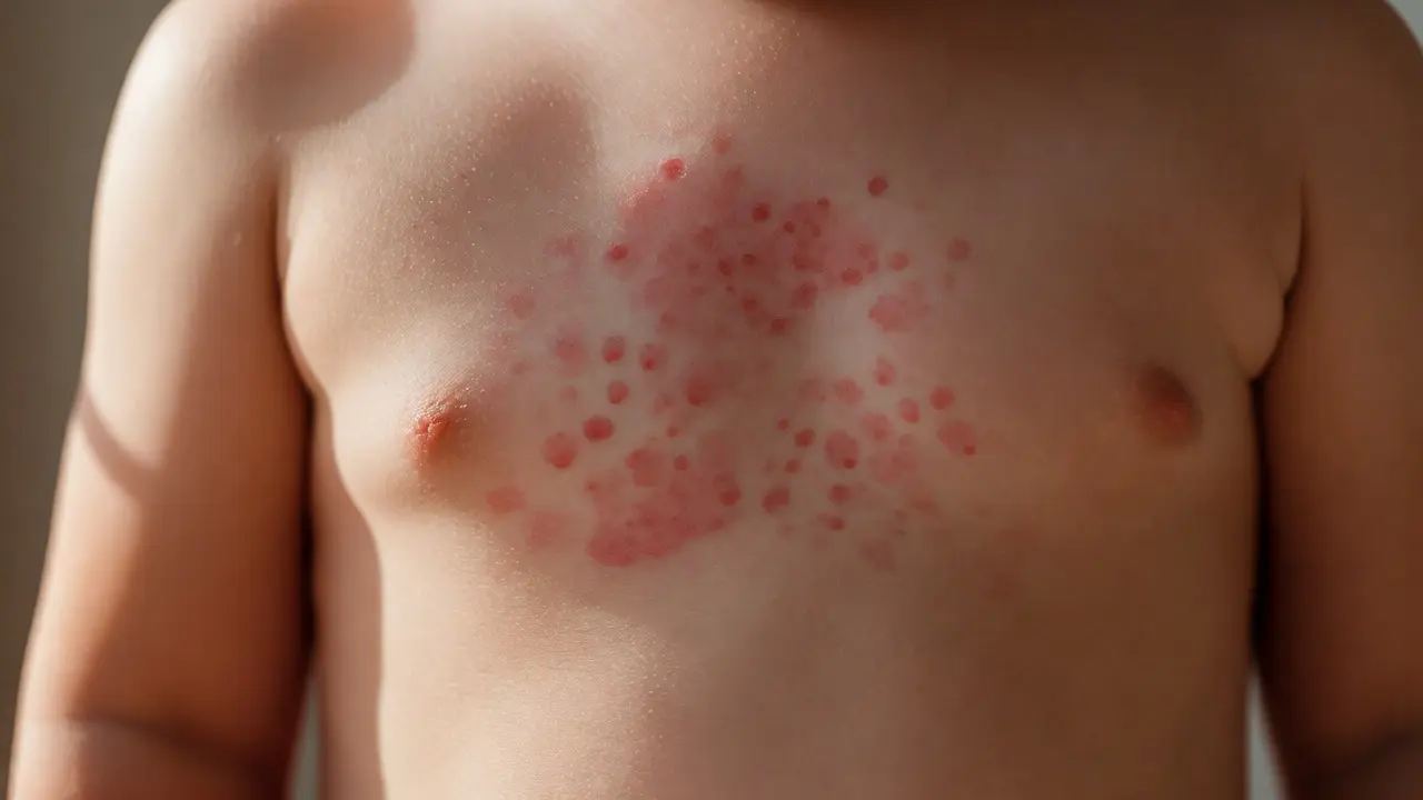 Detailní záběr na červenou vyrážku na bříšku malého dítěte po poklesu horečky.