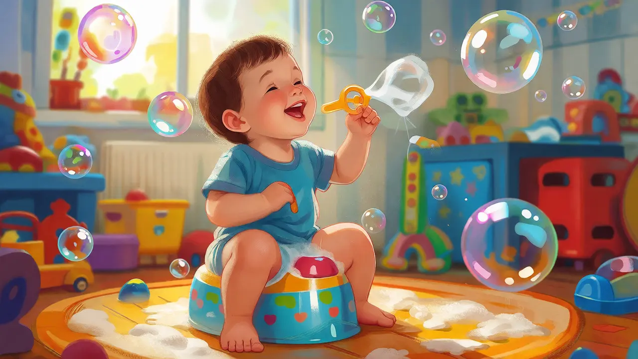 Happy child sitting on a potty and blowing bubbles in a bright playroom.