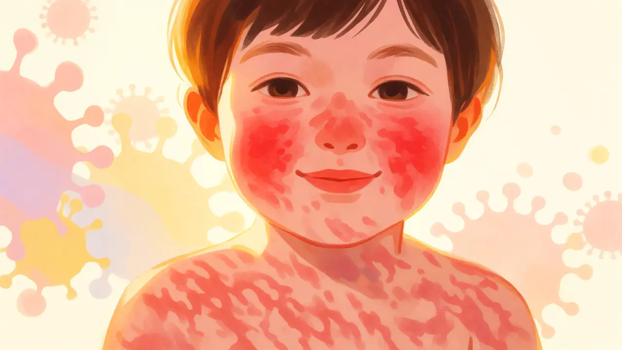 Ilustrace dětského obličeje s červenými tvářemi typickými pro infekční erytém.