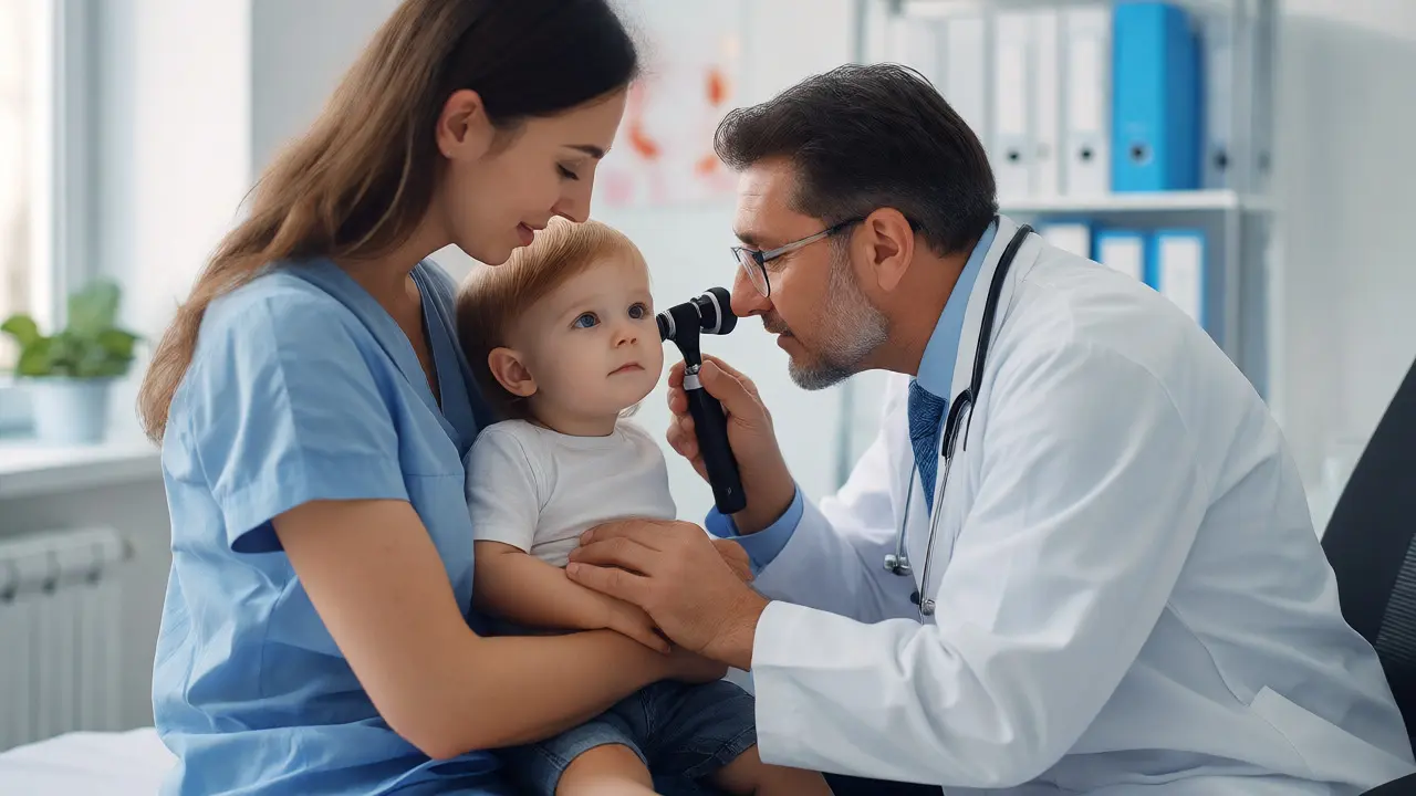 Pediatr vyšetřuje ucho malého pacienta v ordinaci