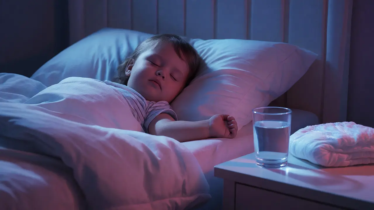 Sleeping toddler in bed with moonlight illumination, symbolizing nighttime dryness.