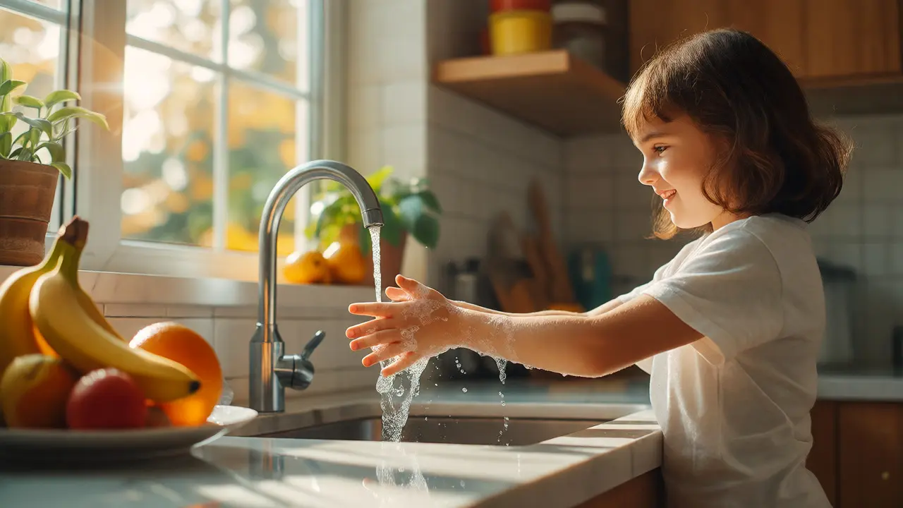 Child washing hands near fruit bowl in bright sunny kitchen