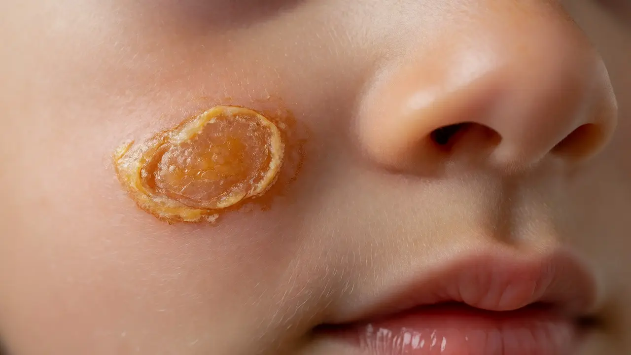 Detailní pohled na medově žlutou strupu impetiga kolem nosu a úst dítěte.