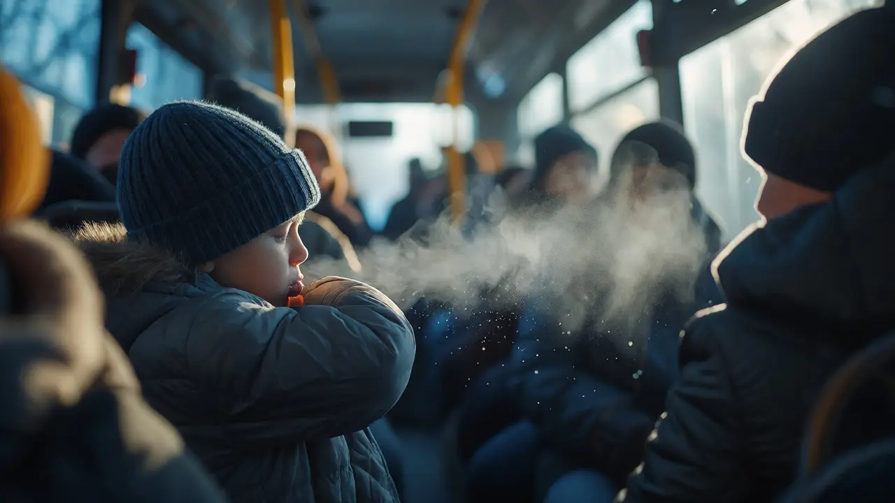 Dítě kašlající v autobuse šíří kapénky viru