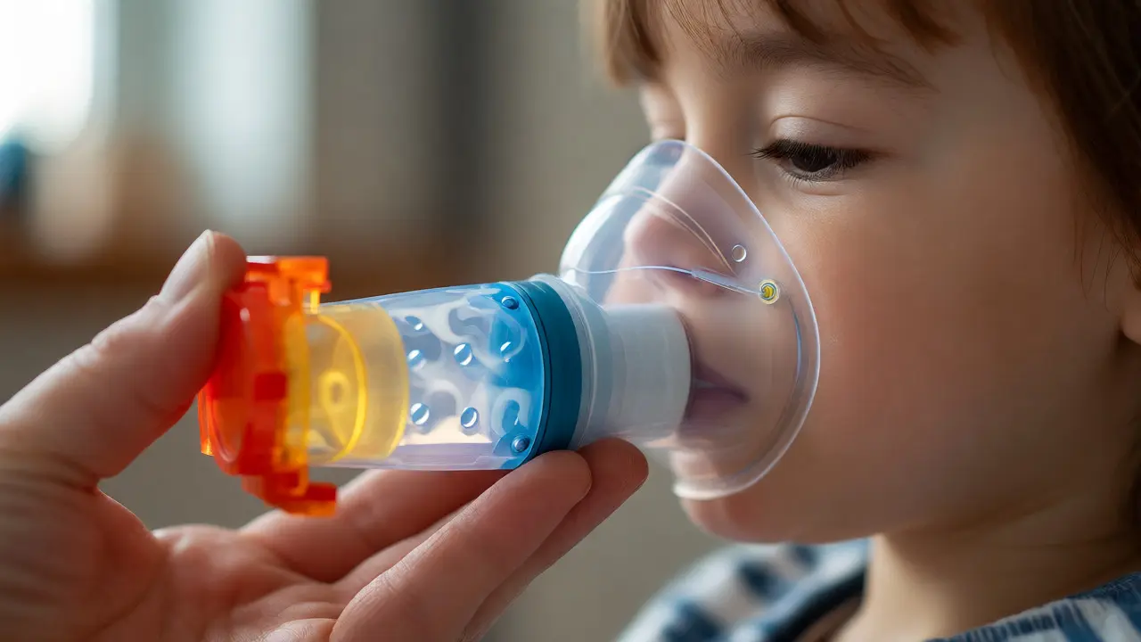 Dítě používá inhalační komoru se zvlhčovačem pod dohledem rodiče