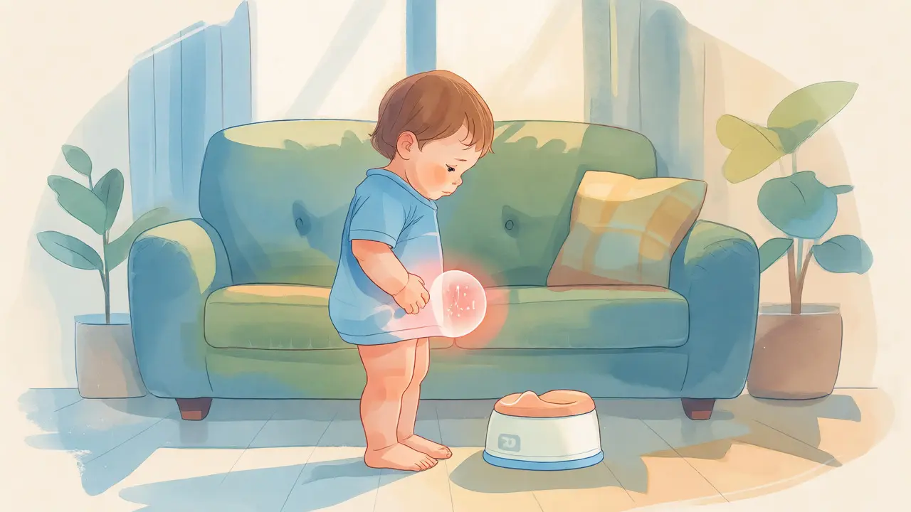 Illustration of a child recognizing bodily signals near a potty