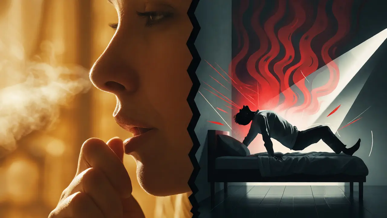 Konceptuální rozdělení obrazu ukazující pomalý nástup nachlazení versus náhlý útok covidu.