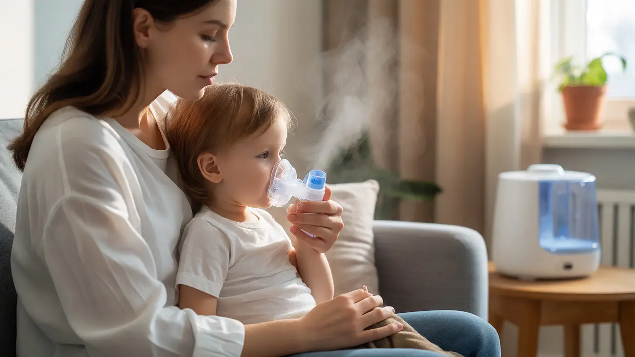 Matka používá inhalační komoru na dítěti u zvlhčovače vzduchu