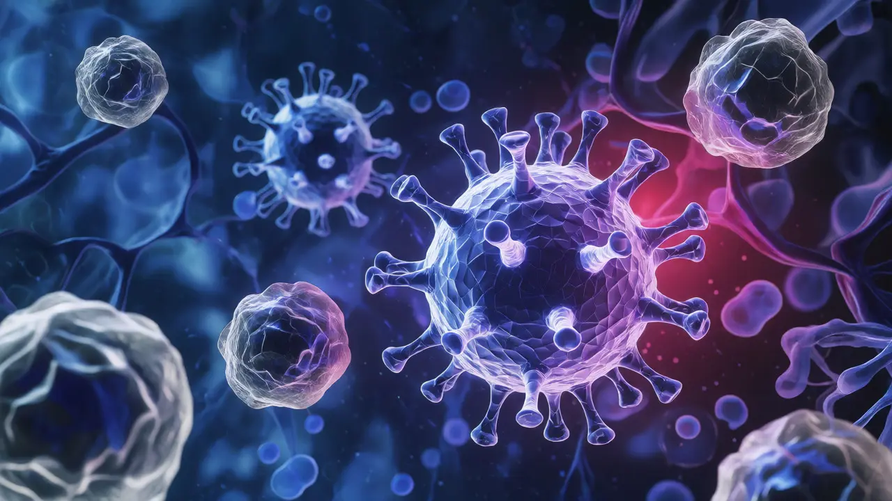 Mikroskopický pohled na virus HHV-6 a imunitní buňky
