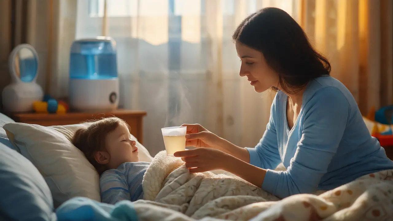 Mother giving fluids to sick child in cozy, humidified room