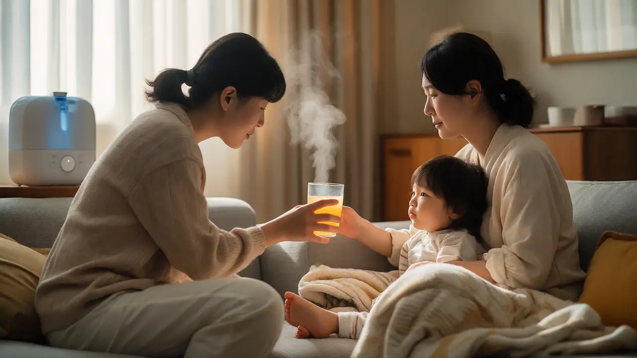 Parent giving water to sick child with humidifier