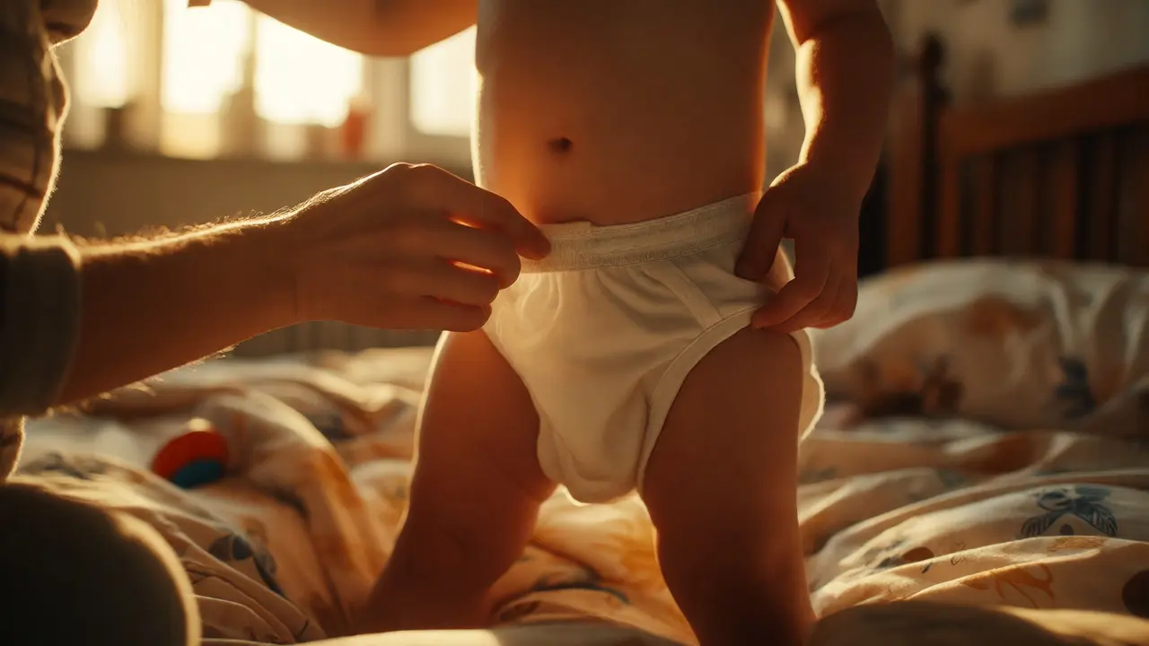 Parent helping toddler put on dry underwear after potty use