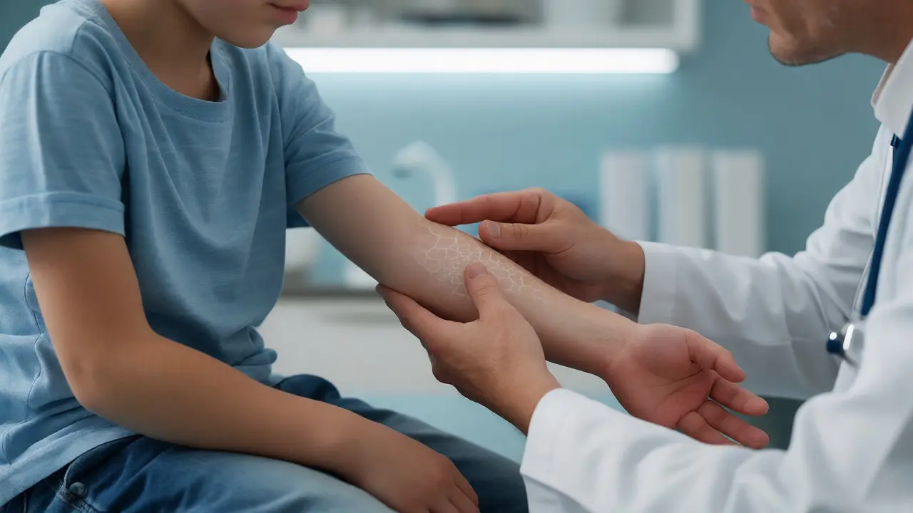Pediatr vyšetřuje síťovitou vyrážku na ruce dítěte v ordinaci