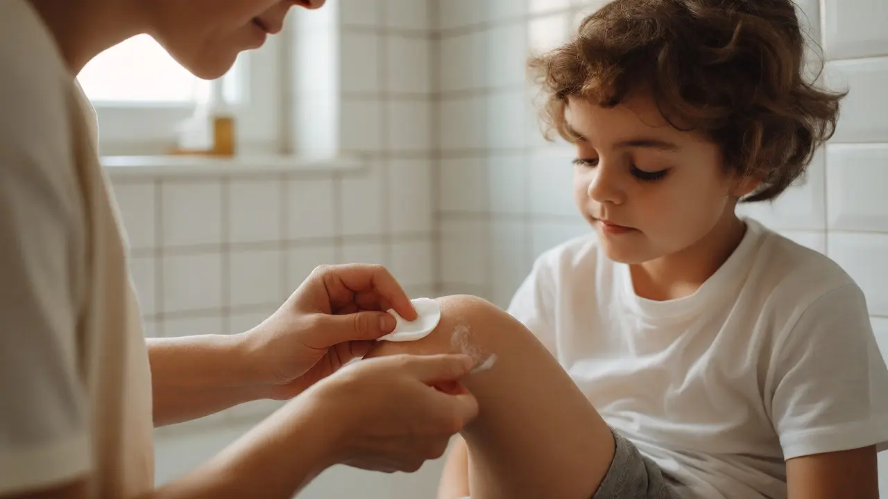 Rodič opatrně nanáší mast na postižené místo na ruce dítěte v koupelně.
